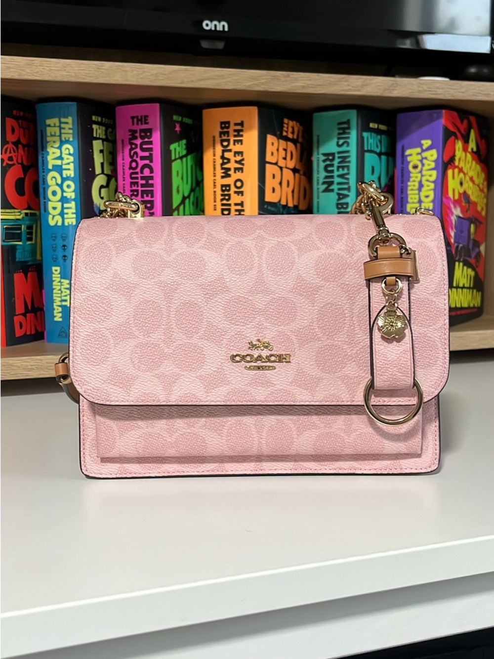 Coach Pink Signature Flap Shoulder Bag with Gold Hardware
